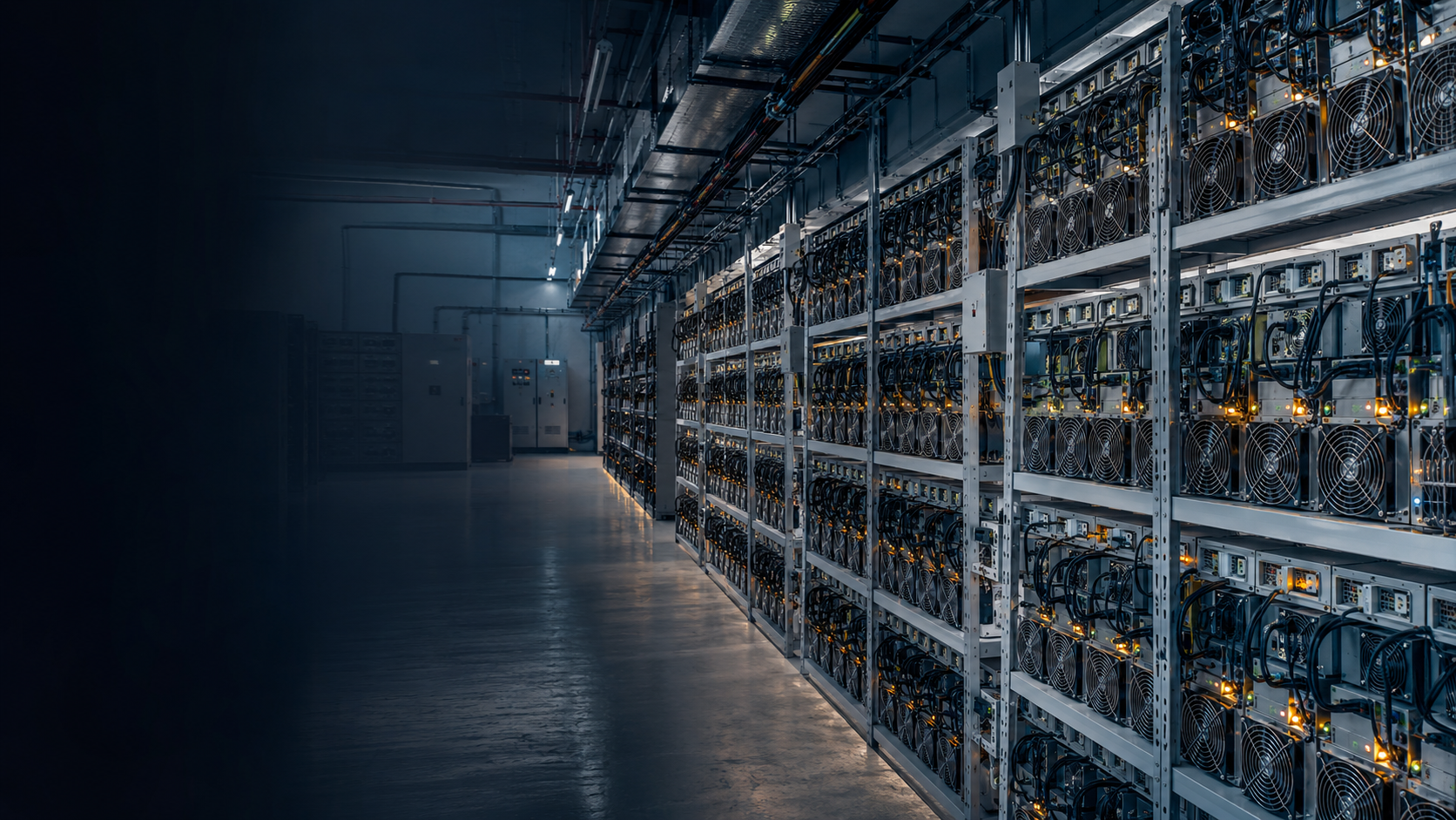 Modern professional Bitcoin mining facility with rows of ASIC machines
